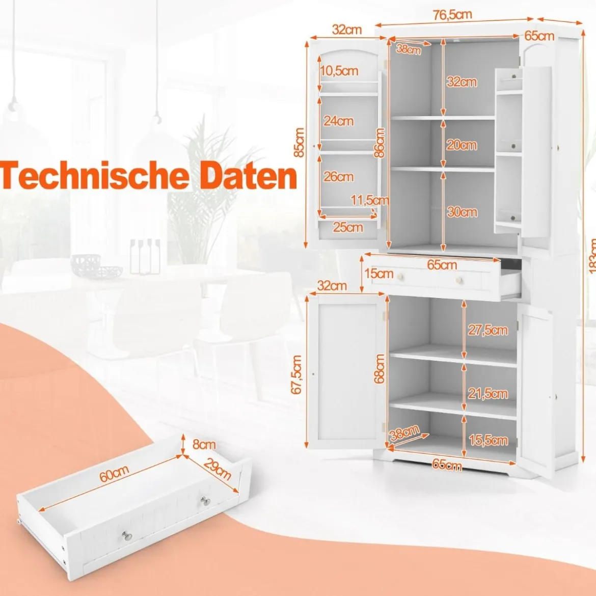 183 cm Hoher Freistehender Küchenschrank mit 4 Türen 76,5 x 40 x 183 cm Weiß