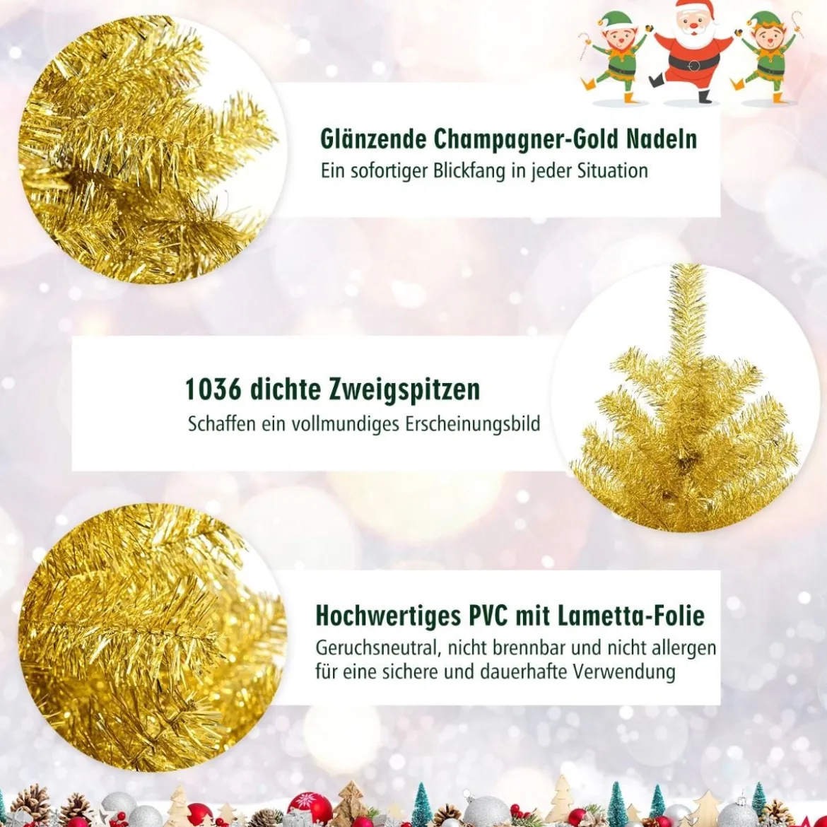 180 cm hoher goldener Weihnachtsbaum künstlicher Lametta-Weihnachtsbaum Champagnerfarben