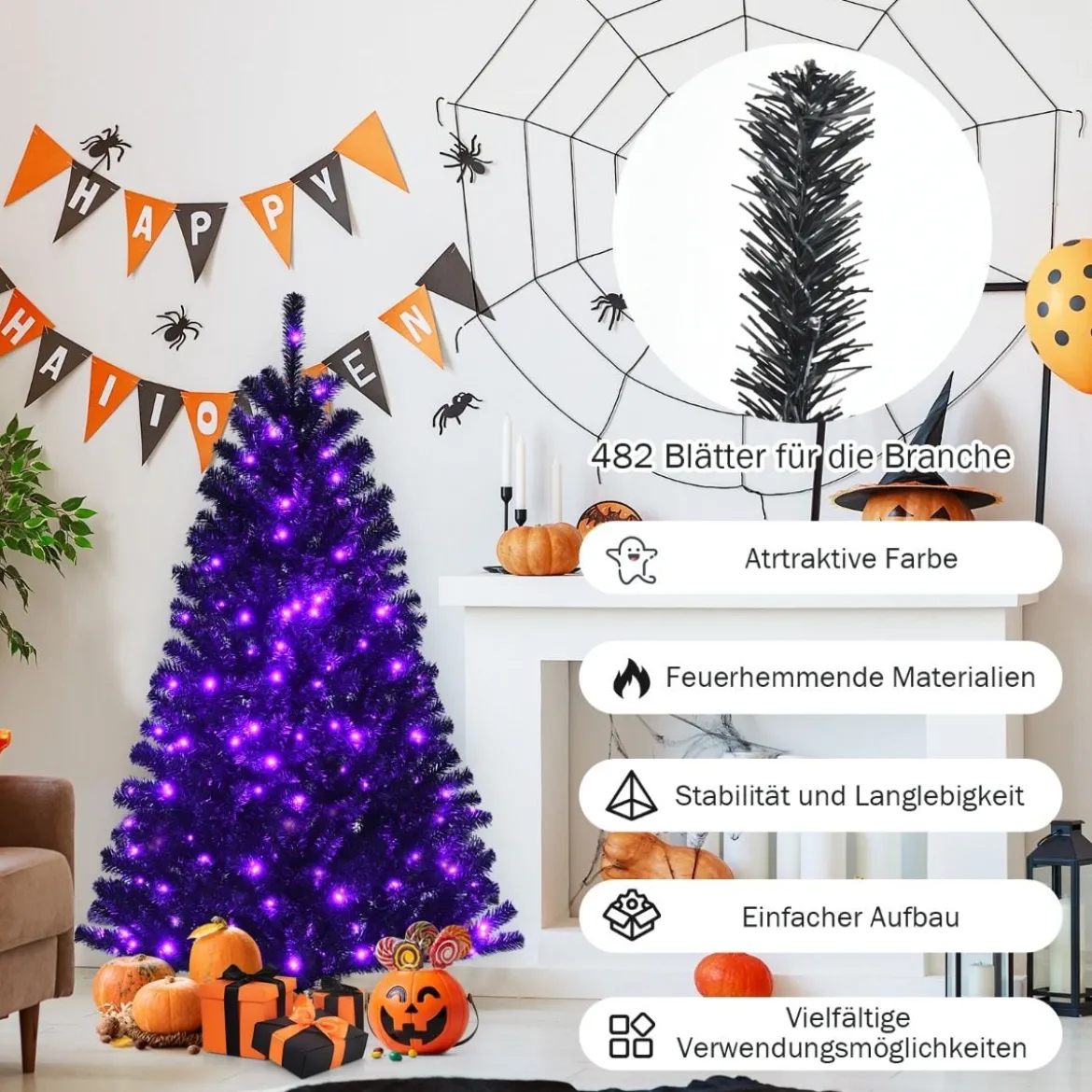 150 cm hoher Halloween- / Weihnachtsbaum schwarzer künstlicher Baum mit lila LED-Lichtern