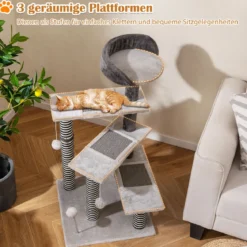 93 cm hoher Katzenbaum 5-stufige Kletterturm mit Sisal- & Jute-Kratzpfosten & -Matten Katzentreppe Grau