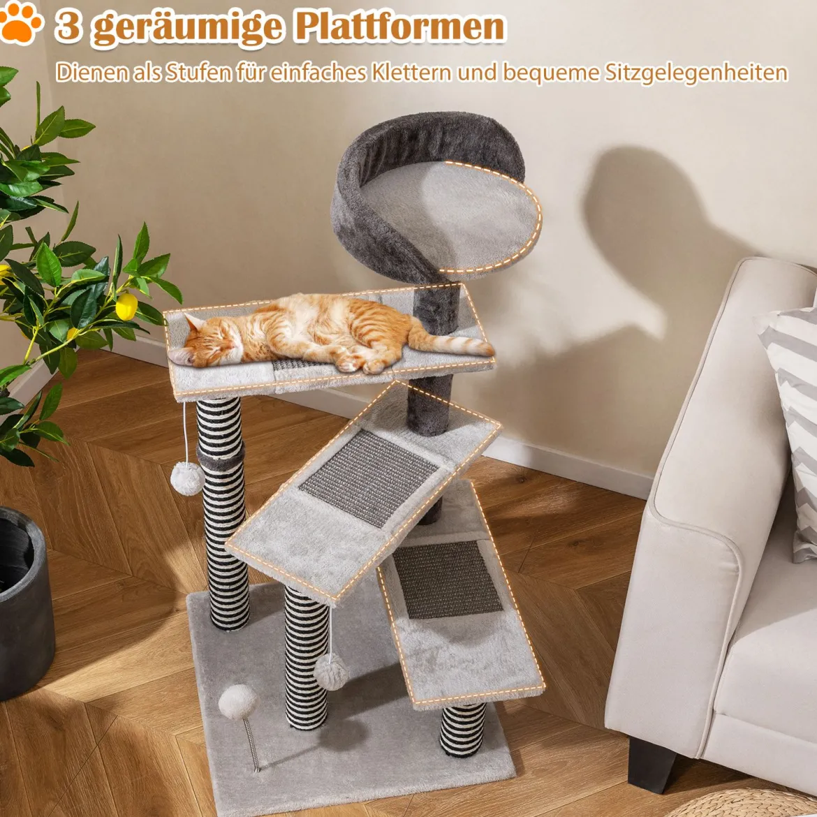 93 cm hoher Katzenbaum 5-stufige Kletterturm mit Sisal- & Jute-Kratzpfosten & -Matten Katzentreppe Grau