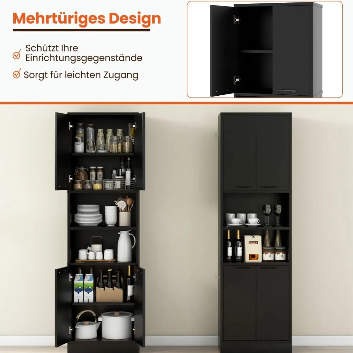 190 cm Hoher Küchenschrank mit Türen & Regalen Sideboard Hochschrank 56 x 30 x 190 cm