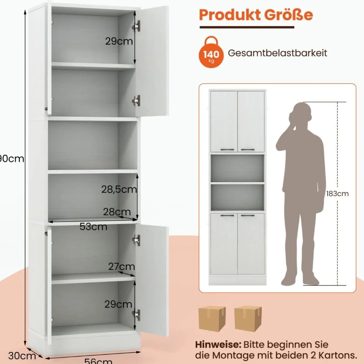 190 cm Hoher Küchenschrank mit Türen & Regalen Sideboard Hochschrank 56 x 30 x 190 cm