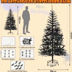 183 cm hoher künstlicher Halloween-Baum Feiertagsbaum mit LED-Leuchten und Schmuck Schwarz
