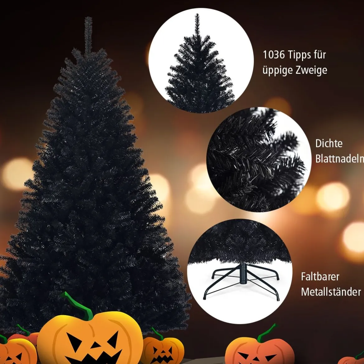 180 cm hoher künstlicher klappbarer Halloween-Weihnachtsbaum PVC Spitzen Schwarz