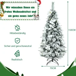 150 cm hoher künstlicher verschneiter Bleistift-Weihnachtsbaum mit weißen Beeren & Weihnachtssternen