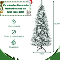 180 cm hoher künstlicher verschneiter Bleistift-Weihnachtsbaum mit weißen Beeren & Weihnachtssternen