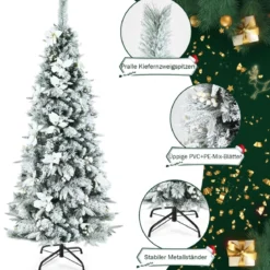 180 cm hoher künstlicher verschneiter Bleistift-Weihnachtsbaum mit weißen Beeren & Weihnachtssternen