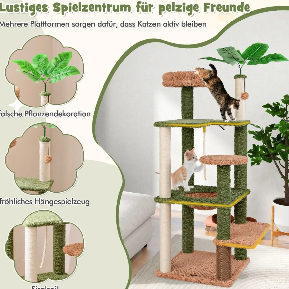 152 cm hoher Kratzbaum für Hauskatzen mehrstöckiger Katzenturm mit Sisalpfosten