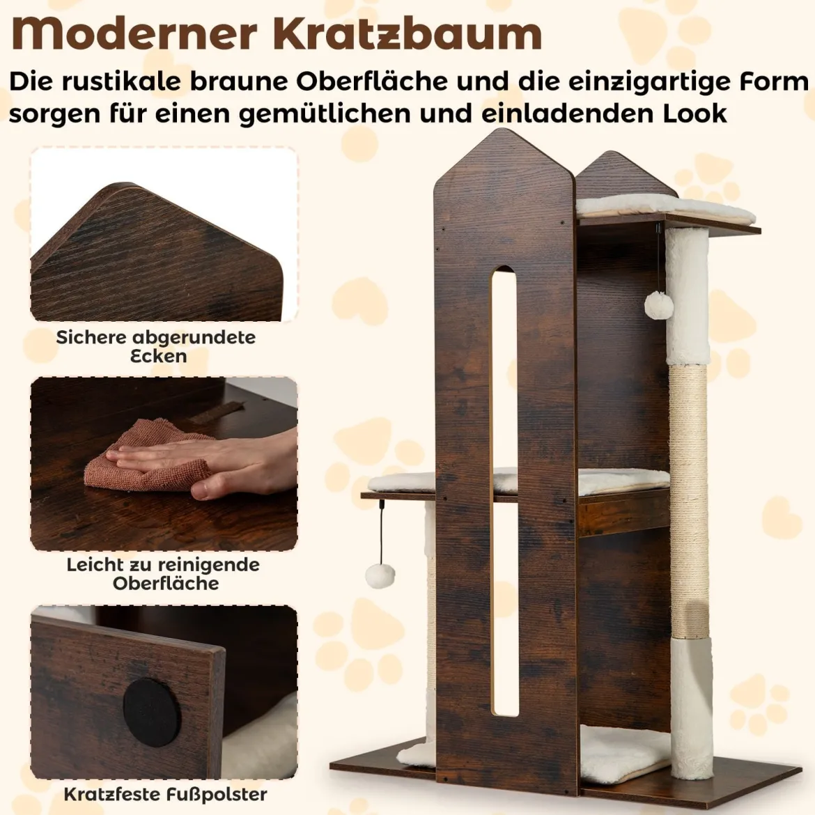 120 cm hoher Kratzbaum Holz Katzenkratzbaum mit Sisal-Kratzpfosten & hängenden Bällen Katzenbaum Rustikales Braun