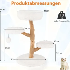 90 cm hoher Kratzbaum Katzenturm aus massivem Birnbaumholz mit Aussichtsplattform Weiß