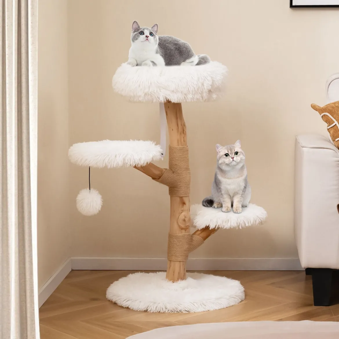90 cm hoher Kratzbaum Katzenturm aus massivem Birnbaumholz mit Aussichtsplattform Weiß