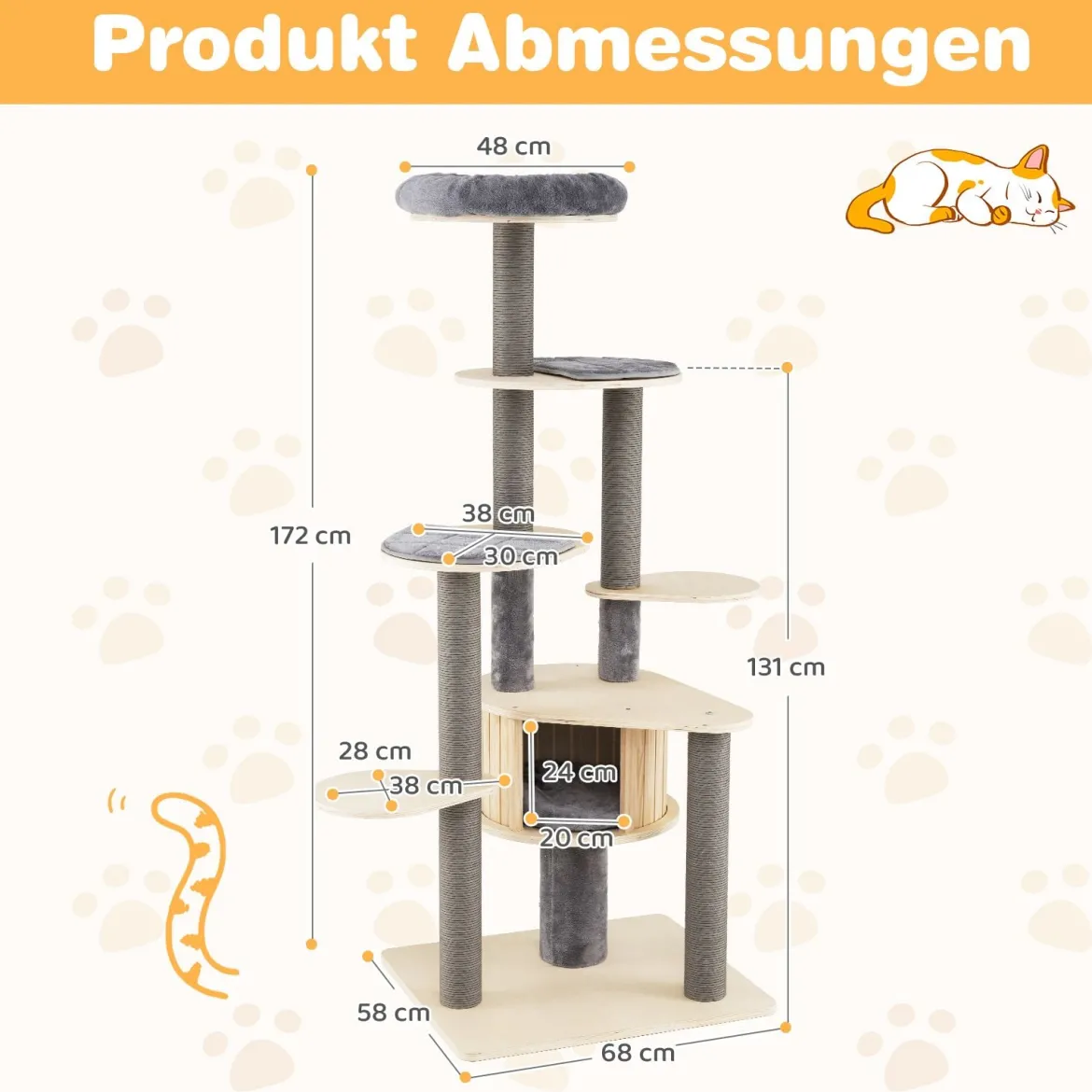 172 cm hoher Kratzbaum mehrstöckiger Katzenbaum mit bequem gepolsterter oberer Sitzplattform Grau