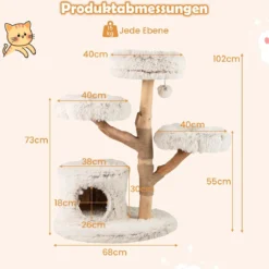 102 cm Hoher Moderner Kratzbaum mit Echtholzstamm & Hängender Ball Kletterturm für Katzen