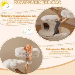 102 cm Hoher Moderner Kratzbaum mit Echtholzstamm & Hängender Ball Kletterturm für Katzen
