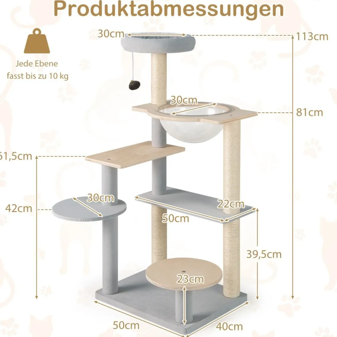 113 cm Hoher Moderner Kratzbaum mit Abnehmbarer & Gepolsterter Aussichtsplattform Kletterbaum