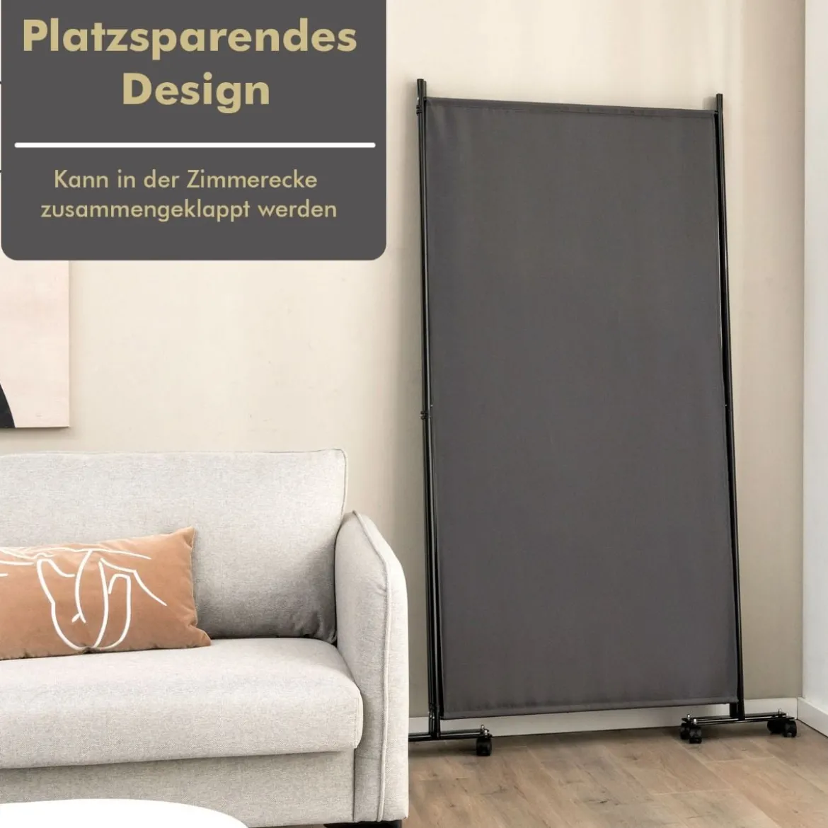 180 cm Hoher Raumteiler auf Rädern Klappbarer Paravent mit 3 frei Kombinierbaren Paneelen Grau