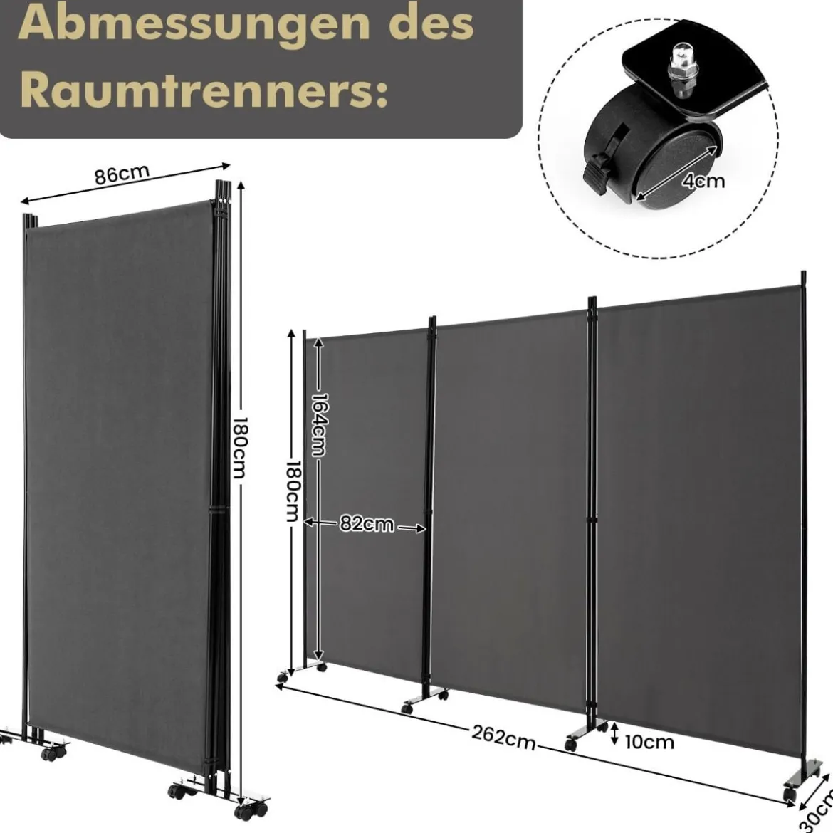 180 cm Hoher Raumteiler auf Rädern Klappbarer Paravent mit 3 frei Kombinierbaren Paneelen Grau