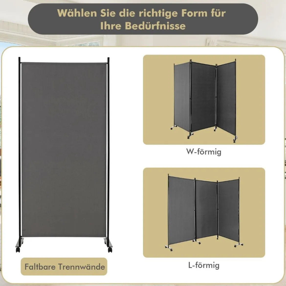 180 cm Hoher Raumteiler auf Rädern Klappbarer Paravent mit 3 frei Kombinierbaren Paneelen Grau