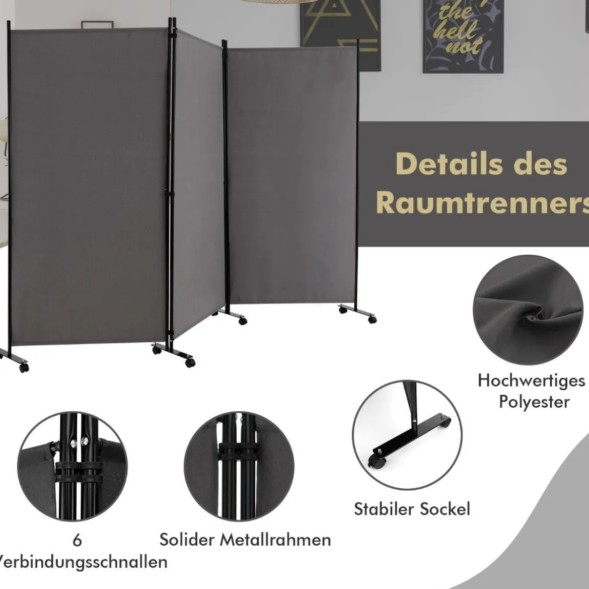180 cm Hoher Raumteiler auf Rädern Klappbarer Paravent mit 3 frei Kombinierbaren Paneelen Grau