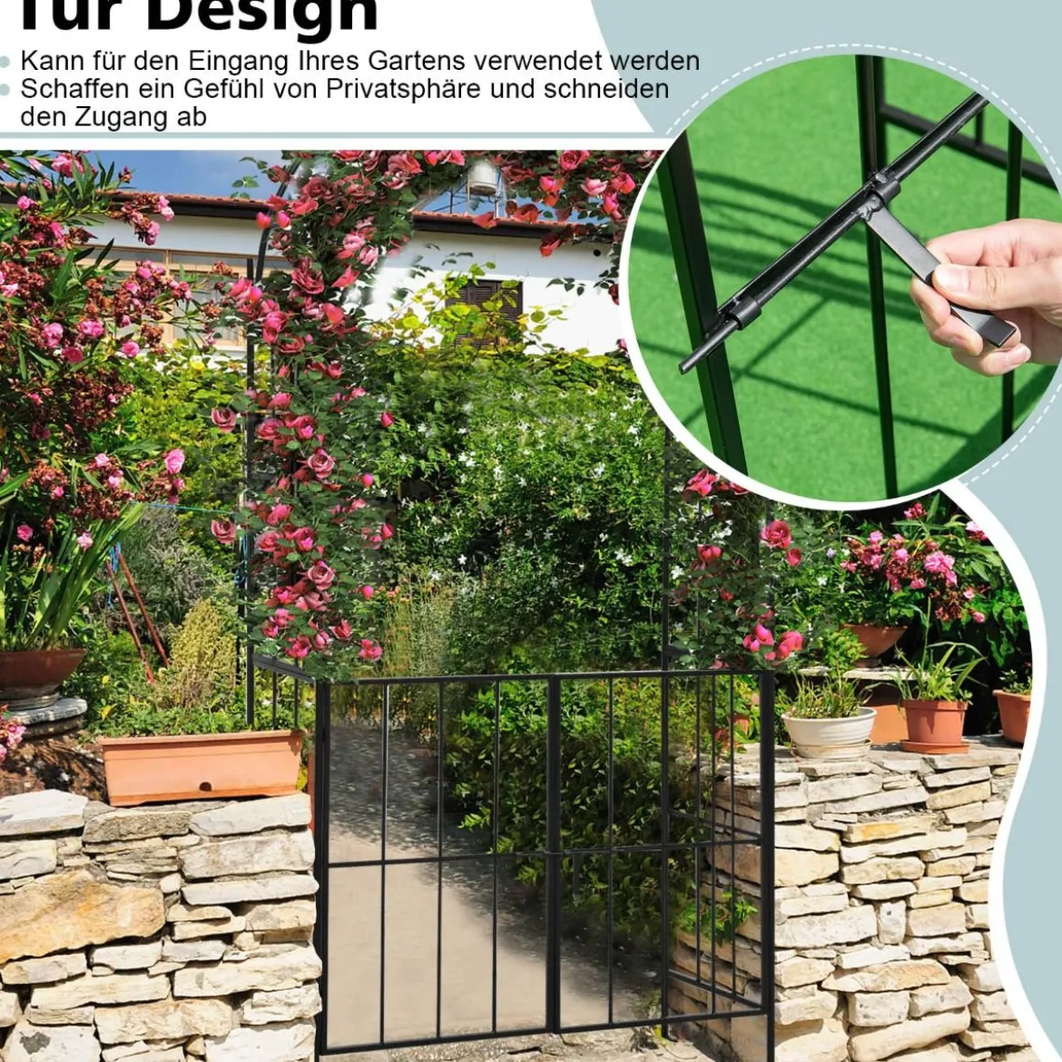 230 cm hoher Rosenbogen mit Tür aus Metall für Kletterpflanzen Gartenbogen