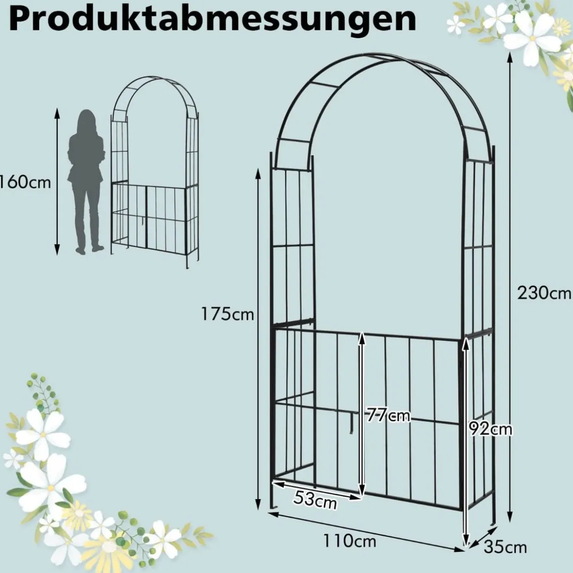 230 cm hoher Rosenbogen mit Tür aus Metall für Kletterpflanzen Gartenbogen