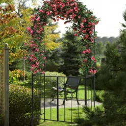 230 cm hoher Rosenbogen mit Tür aus Metall für Kletterpflanzen Gartenbogen