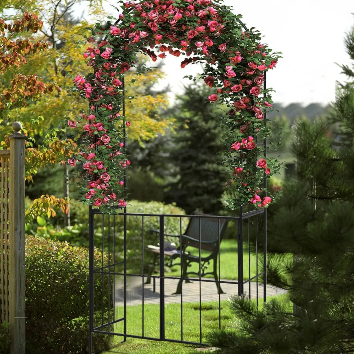 230 cm hoher Rosenbogen mit Tür aus Metall für Kletterpflanzen Gartenbogen