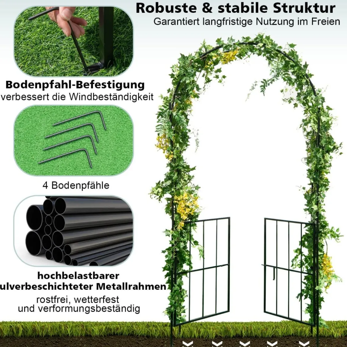 230 cm hoher Rosenbogen mit Tür aus Metall für Kletterpflanzen Gartenbogen