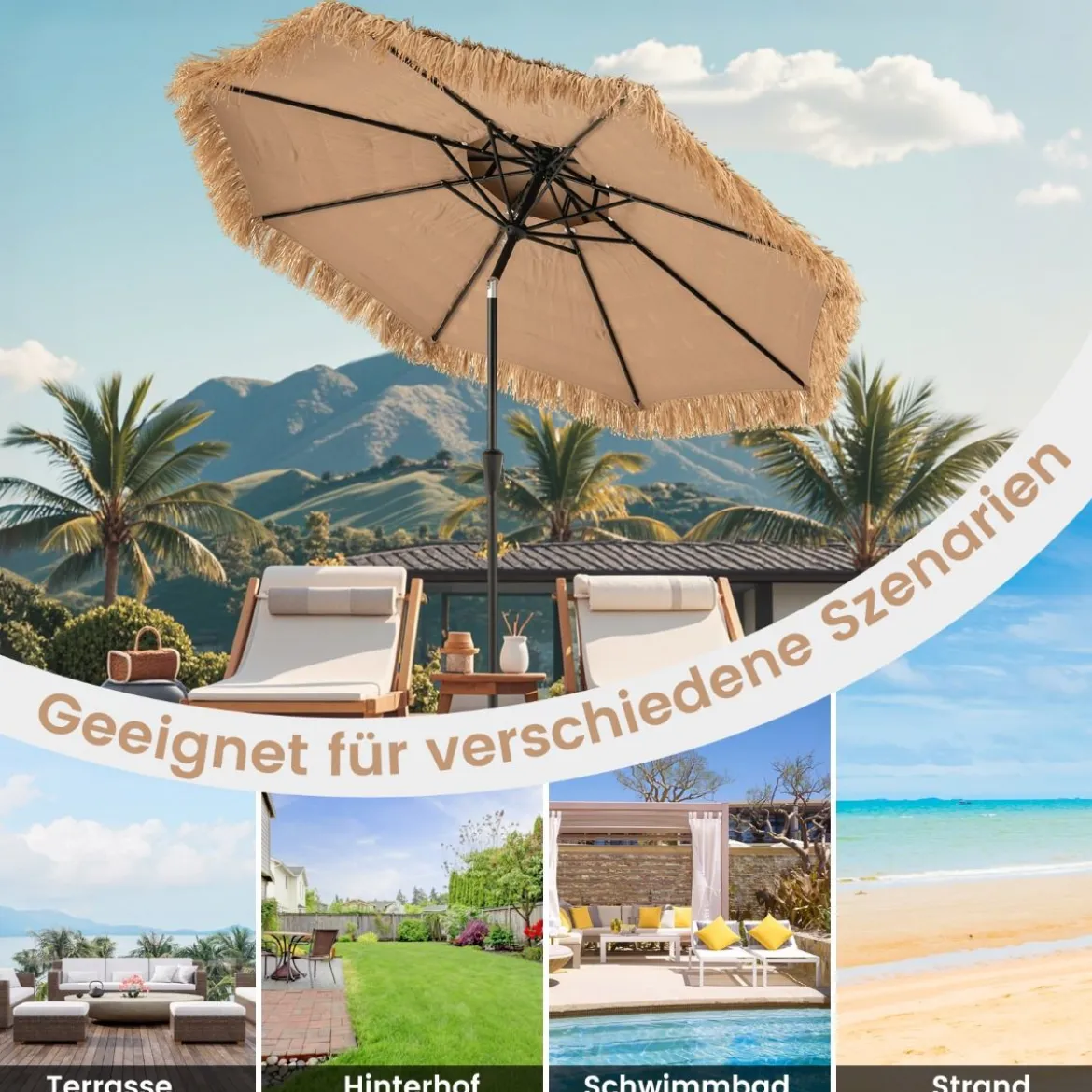 247 cm hoher Sonnenschirm im hawaiianischen Stil strohbedeckter Tiki-Terrassenschirm mit 8 Streben