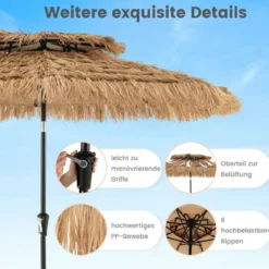 247 cm hoher Sonnenschirm im hawaiianischen Stil strohbedeckter Tiki-Terrassenschirm mit 8 Streben