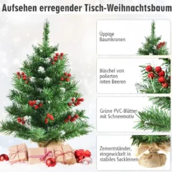 60 cm hoher Tisch-Weihnachtsbaum Realistischer Christbaum mit PVC-Zweigen und Beeren Grün