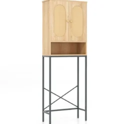 175 cm Hoher Toilettenschrank mit Rattantüren & Staufächern Freistehendes Badezimmerregal