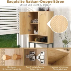 175 cm Hoher Toilettenschrank mit Rattantüren & Staufächern Freistehendes Badezimmerregal