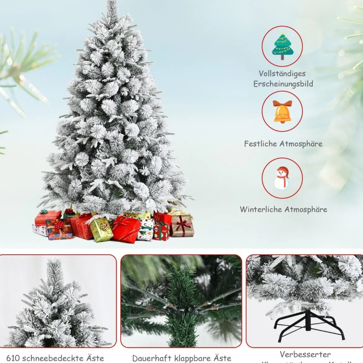 180 cm Hoher Verschneiter Künstlicher Weihnachtsbaum mit 610 PVC- und PE-Zweigen