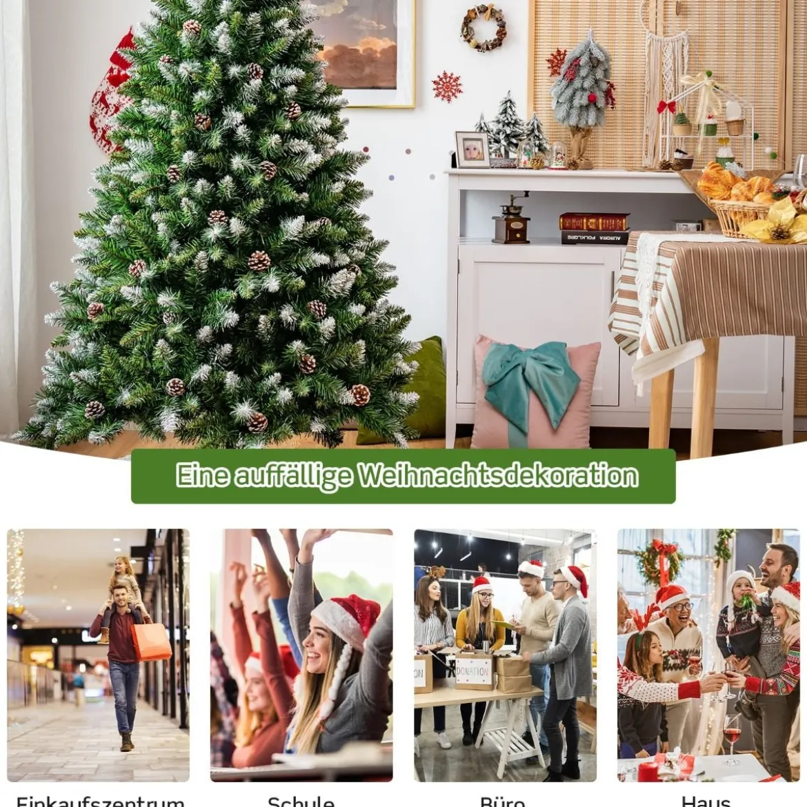 180 cm hoher verschneiter künstlicher Weihnachtsbaum mit Tannenzapfen und Schnee Grün + Weiß