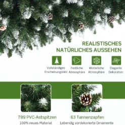180 cm hoher verschneiter künstlicher Weihnachtsbaum mit Tannenzapfen und Schnee Grün + Weiß