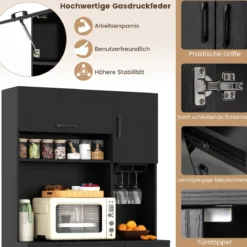 167 cm hoher Vorratsschrank mit Aufsatz und Steckdosen Küchenschrank mit Stielglashalter Schwarz