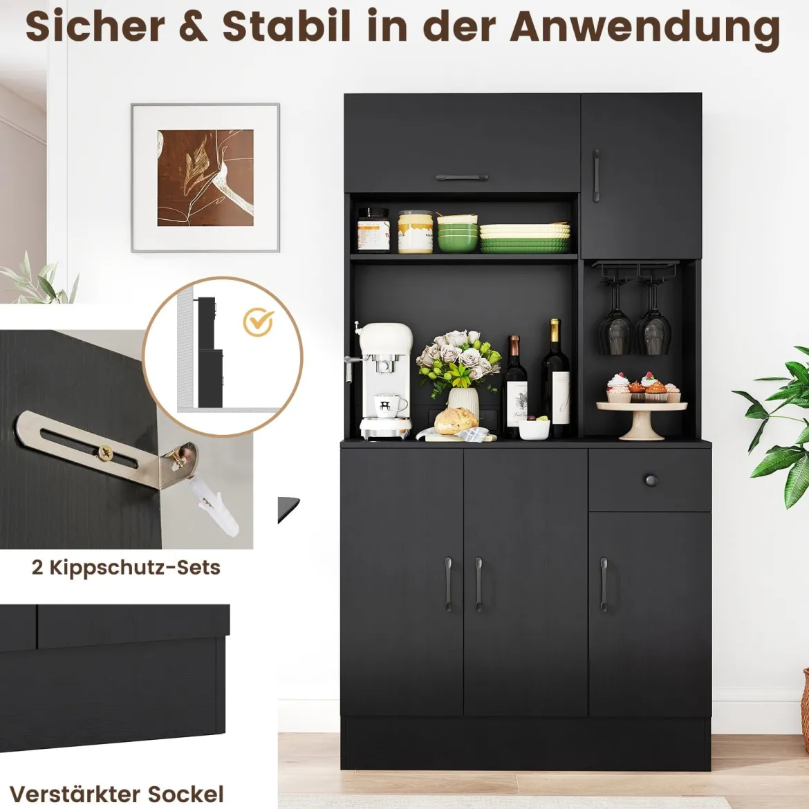 167 cm hoher Vorratsschrank mit Aufsatz und Steckdosen Küchenschrank mit Stielglashalter Schwarz