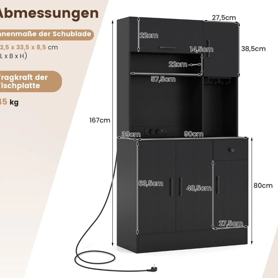 167 cm hoher Vorratsschrank mit Aufsatz und Steckdosen Küchenschrank mit Stielglashalter Schwarz