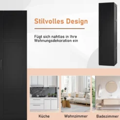 150 cm hohes Aufbewahrungsschrank freistehendes 4-stufiges Bodenschrank mit Tür Schwarz/Natur/Weiß