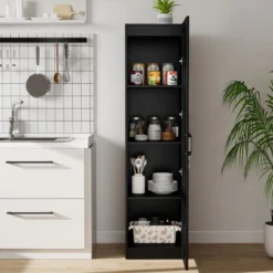 150 cm hohes Aufbewahrungsschrank freistehendes 4-stufiges Bodenschrank mit Tür Schwarz/Natur/Weiß