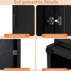 150 cm hohes Aufbewahrungsschrank freistehendes 4-stufiges Bodenschrank mit Tür Schwarz/Natur/Weiß