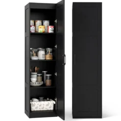 150 cm hohes Aufbewahrungsschrank freistehendes 4-stufiges Bodenschrank mit Tür Schwarz/Natur/Weiß