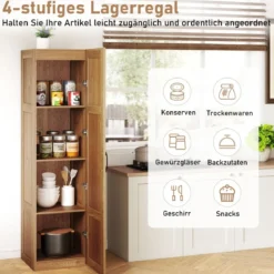 150 cm hohes Aufbewahrungsschrank freistehendes 4-stufiges Bodenschrank mit Tür Schwarz/Natur/Weiß