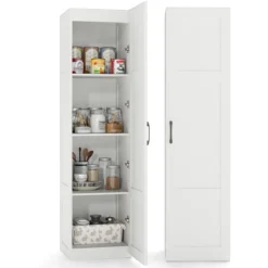150 cm hohes Aufbewahrungsschrank freistehendes 4-stufiges Bodenschrank mit Tür Schwarz/Natur/Weiß