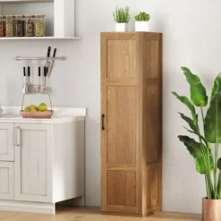 150 cm hohes Aufbewahrungsschrank freistehendes 4-stufiges Bodenschrank mit Tür Schwarz/Natur/Weiß