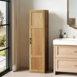 150 cm hohes Aufbewahrungsschrank freistehendes 4-stufiges Bodenschrank mit Tür Schwarz/Natur/Weiß