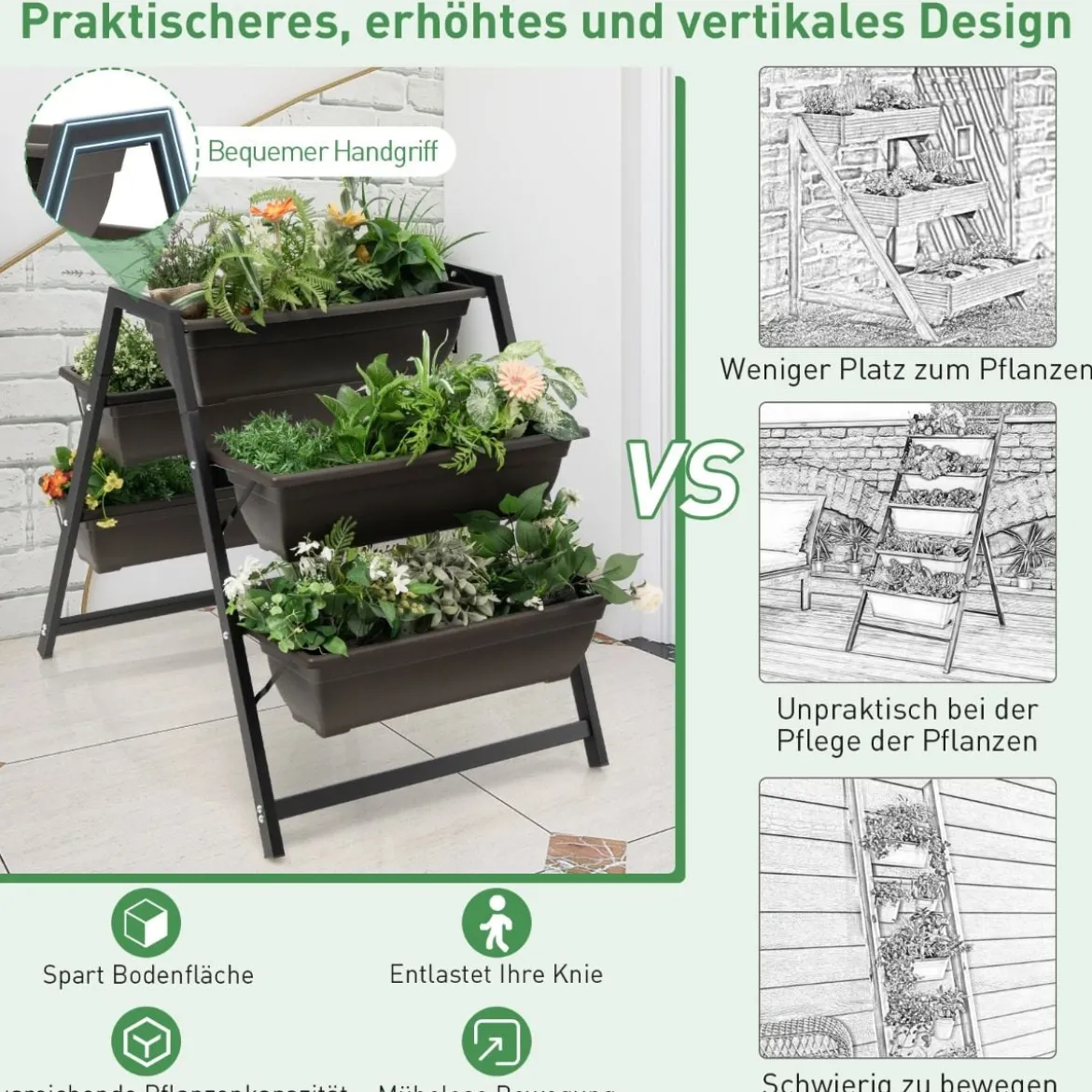 79 cm hohes Hochbeet 3-stöckiges vertikales Pflanzgefäß mit Drainagelöchern & robustem Metallrahmen