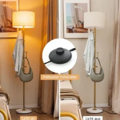 166,5cm hohe Stehlampe Garderobenständer mit 5 Haken & Fußschalter Stehleuchte E27 Sockel Leselampe für Schlafzimmer Wohnzimmer